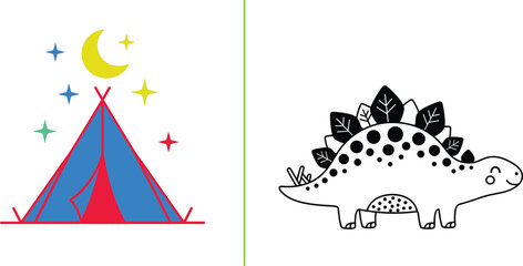 Cute cartoon camping tent with moon and stars and hand-drawn stegosaurus dinosaur, vector art isolated on white background © MDMUNNA