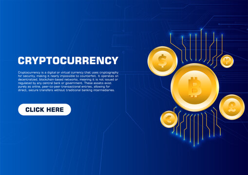 Modern cryptocurrency background for website banners and social media. Digital bitcoin technology, blockchain network concept, and crypto currency finance illustration for business media.