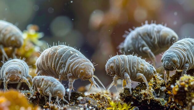 Magnified Tardigrades: Microscopic Water Bears Gather on Textured Substrate in Aquatic Environment