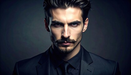 Fototapeta premium Intense male portrait with dark suit, sharp goatee, and mustache looking directly at camera.
