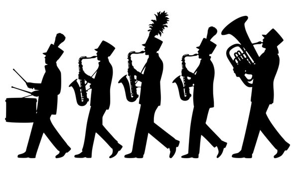 Silhouette of a marching band parading in a line. Group of musicians wearing performance uniforms, shako hats, and plumes while playing snare drum, saxophones, and a tuba on a plain background.