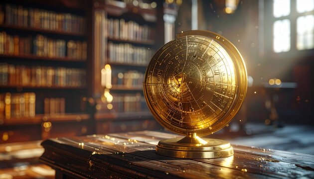 Ornate polished brass astrolabe rests on a wooden desk in a vintage library setting