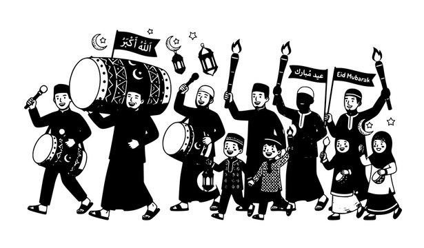 Takbir Parade with Bedug Drum and Torch Procession Vector Illustration for Eid Celebration