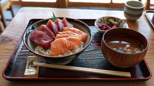 tuna and salmon don set meal, japanese sashimi rice bowl with miso soup