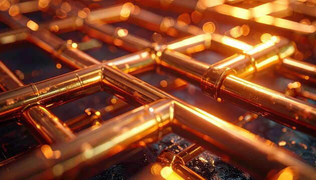 Intricate copper network with polished metallic texture and glowing bokeh background, representing industrial design and technological connections