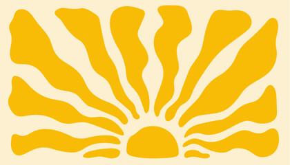 Abstract summer pattern with retro groovy waves and radial sun burst rays. Vintage psychedelic vector design of geometric sunburst shapes, bold spirals and funky beach sunrise vibes in warm yellow. © vectorpouch