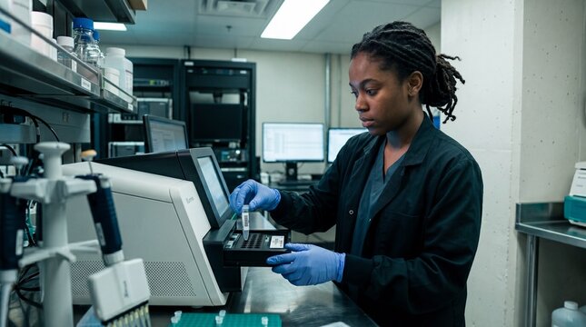 Scientist loading sample into laboratory sequencer