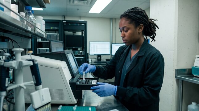 Scientist loading sample in laboratory equipment