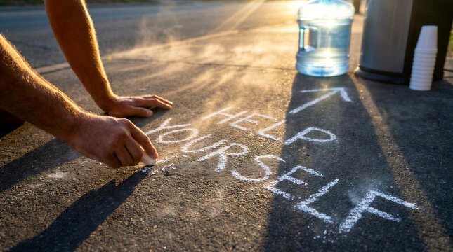 A man's hand writes "Help yourself" in chalk on hot asphalt next to a free water dispenser
