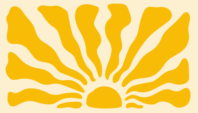 Abstract summer pattern with retro groovy waves and radial sun burst rays. Vintage psychedelic vector design of geometric sunburst shapes, bold spirals and funky beach sunrise vibes in warm yellow.
