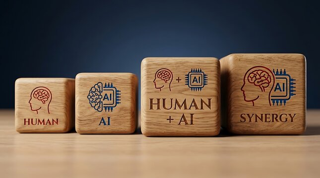 Wooden blocks illustrating the evolution of intelligence from human to artificial technology and the final synergy between human and ai concepts on a desk