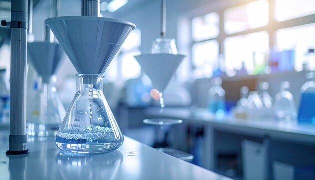 Laboratory filtration setup with Erlenmeyer flask and funnel in a scientific research environment