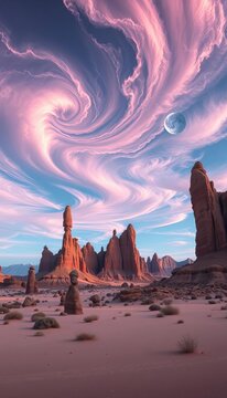 Surreal desert landscape with towering rock formations and a sky filled with swirling, iridescent clouds and twin moons,  twin,  landscape