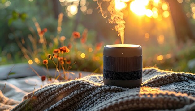 Minimalist dark grey portable aroma diffuser emitting fragrant steam outdoors at sunset with bokeh background