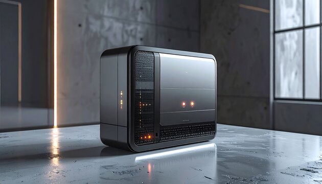 Sleek Portable Server Hardware with Illuminated Indicator Lights in a Modern Industrial Setting
