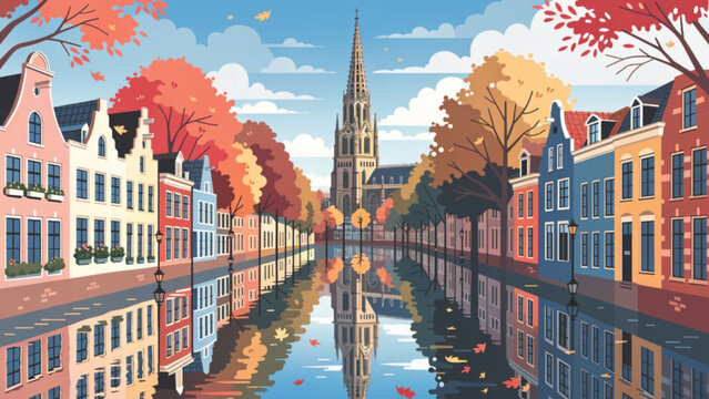 Vibrant city canal landscape with colorful historic buildings vector background