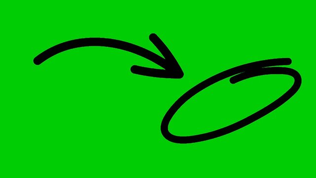Hand-drawn black arrow pointing towards a hand-drawn black ellipse on a green screen background, perfect for adding emphasis or highlighting elements in video editing and graphic design projects