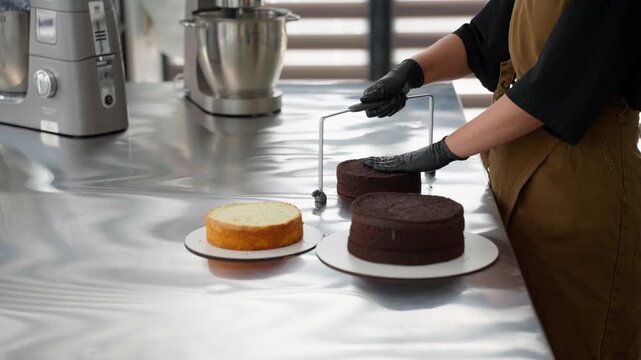 Pastry chef slicing chocolate sponge cake layer