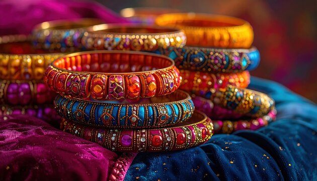Intricately designed, stacked colorful bangles display rich ethnic patterns and vibrant embellishments, showcasing cultural artistry.
