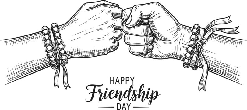 Two fists bumping with friendship bracelets for Friendship Day isolated on transparent background, isolated on white background, Vector, illustration