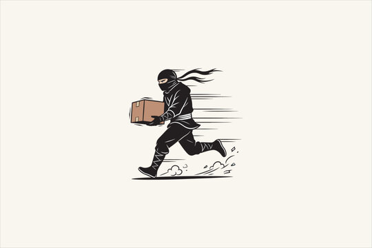 Fast delivery concept vector illustration of a ninja courier running fast while holding a cardboard box package. Clean minimalist style isolated on light background. Vector illustration.