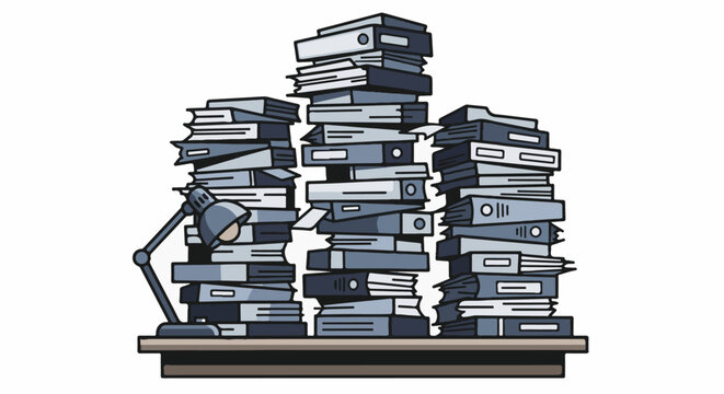 A desk lamp illuminates towering stacks of blue and gray binders on a shelf