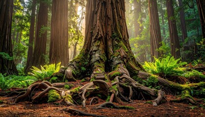 Fototapeta premium Majestic Redwood Tree Trunk and Gnarled Roots in Sunlit Forest