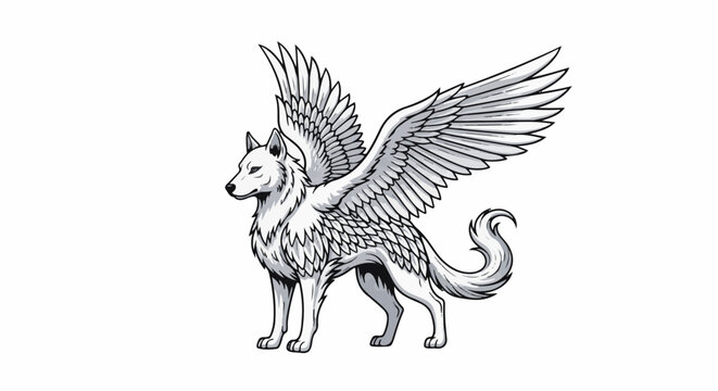 A detailed illustration of a mythical winged wolf with white fur and large feathered wings