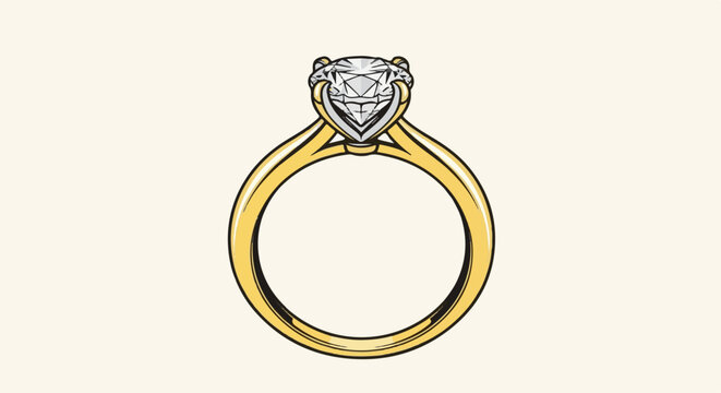 A detailed illustration of a solitaire diamond engagement ring with a gold band