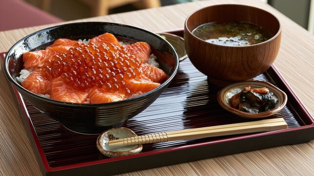 salmon ikura don set meal, japanese salmon roe rice bowl on a wooden table