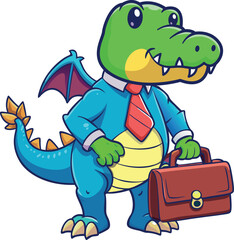 Cartoon crocodile in a suit and tie, holding a briefcase, exuding a professional and confident demeanor. © Flaticons