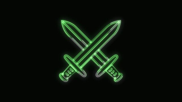  Crossed Swords Icon Neon Seamless Loop 4K with Black Background Animated Promotional Typography for Video Editing