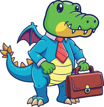 Cartoon crocodile in a suit and tie, holding a briefcase, exuding a professional and confident demeanor.