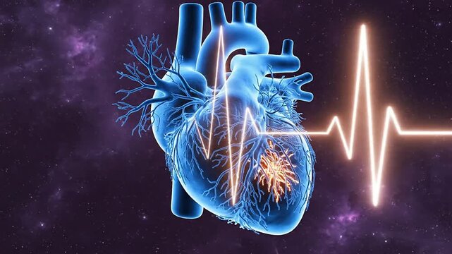 3D Visualization of Heart With Pulsating Arteries and Heartbeat Pulse Against Cosmic Background for Medical and Health Concepts