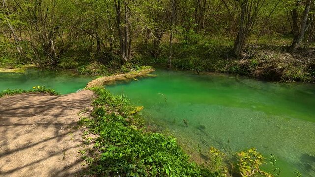 Clear emerald water flows through forested banks. Bigar Waterfall, Stara Planina. (Balkan Mountains), Serbia.