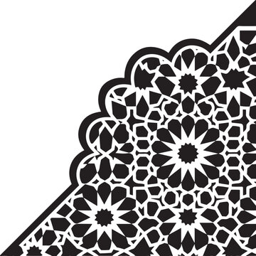 Islamic geometric pattern corner frame with traditional arabesque motif and floral details for creative oriental design projects.
