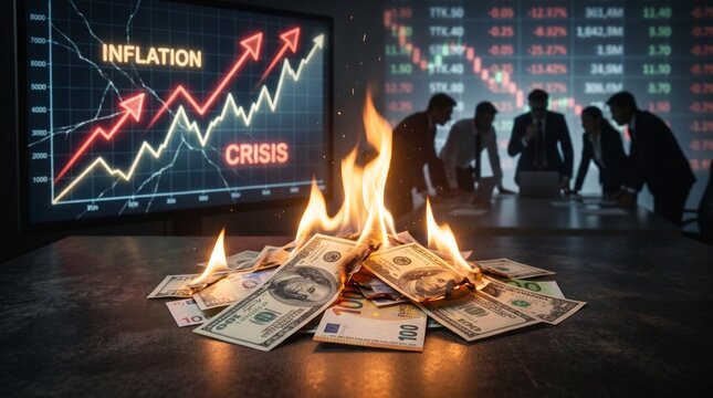 Financial crisis with escalating inflation depicted by burning money and troubled business indicators