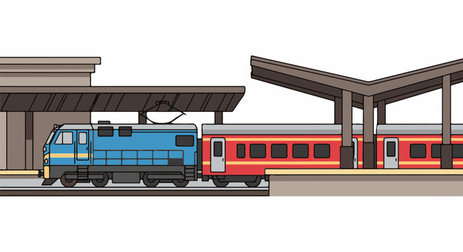 A blue locomotive pulls a red passenger train with yellow stripes alongside a station platform