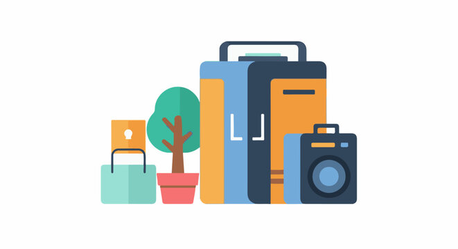 A flat design illustration of travel items luggage, potted plant, camera, and bags