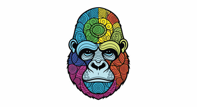 A colorful, patterned gorilla face with swirling designs and a white background