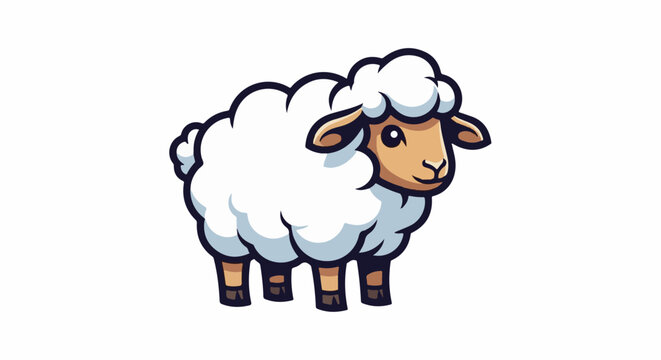 A charming cartoon sheep with fluffy white wool, tan face, and dark outline