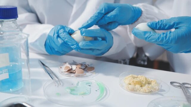 Researcher conducts food analysis in laboratory on eggs and dairy with microscope and data sheet for study on nutrition concept