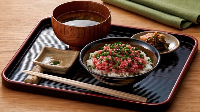 negitoro don set meal with miso soup, japanese minced tuna rice bowl