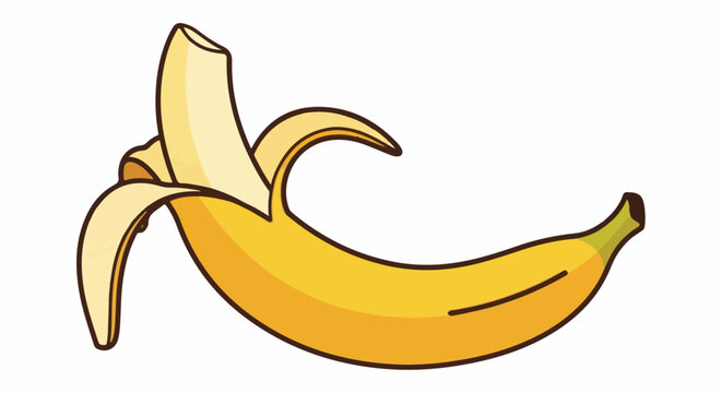 A bright yellow banana with its peel partially pulled back, revealing its smooth, curved form against a white background