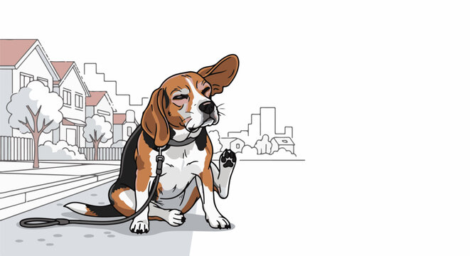 A beagle dog sitting on a sidewalk, scratching its ear, with houses and city skyline in the background
