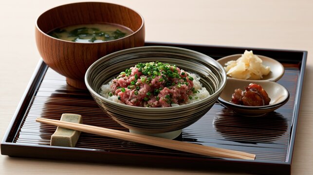 negitoro don set meal with miso soup, japanese minced tuna rice bowl
