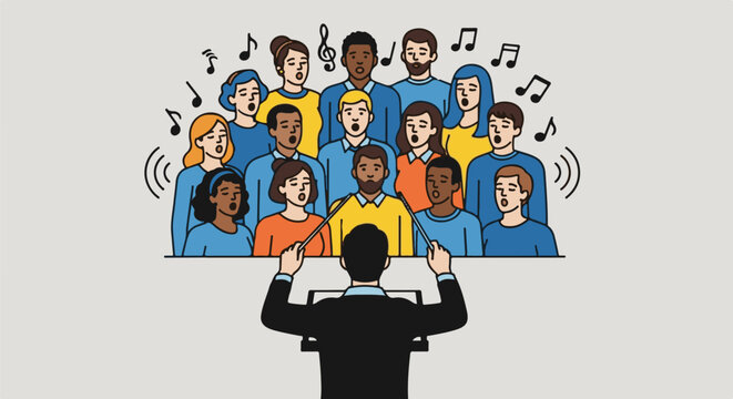 A conductor leads a diverse group of people singing with musical notes and sound waves