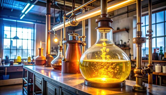 Elaborate glass retort containing bubbling golden liquid in vintage laboratory setting
