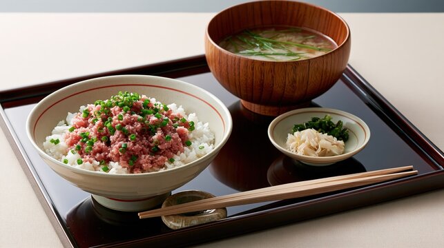negitoro don set meal with miso soup, japanese minced tuna rice bowl