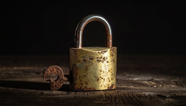 A vintage, heavily corroded steel padlock and its rusty key rest on a dark wooden surface